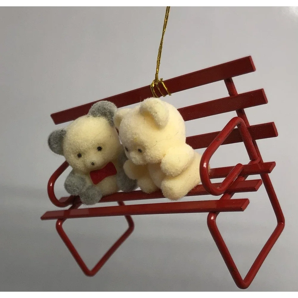 Vintage Russ Berrie & Co Red Metal Bench with 2 Bears Christmas‎ Ornament